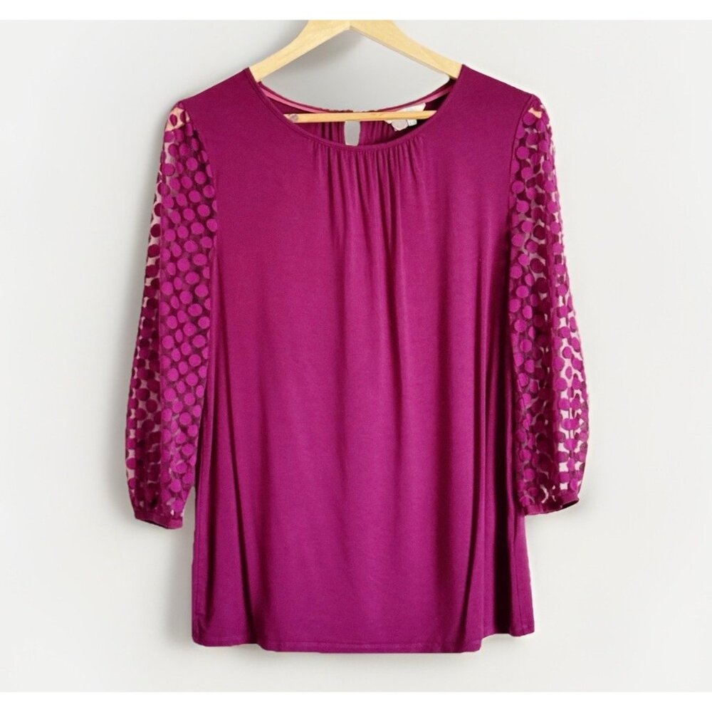 Boden Aurora Purple Top Women’s 10 3/4 Sheer Polka Dot Sleeve Stretch Soft